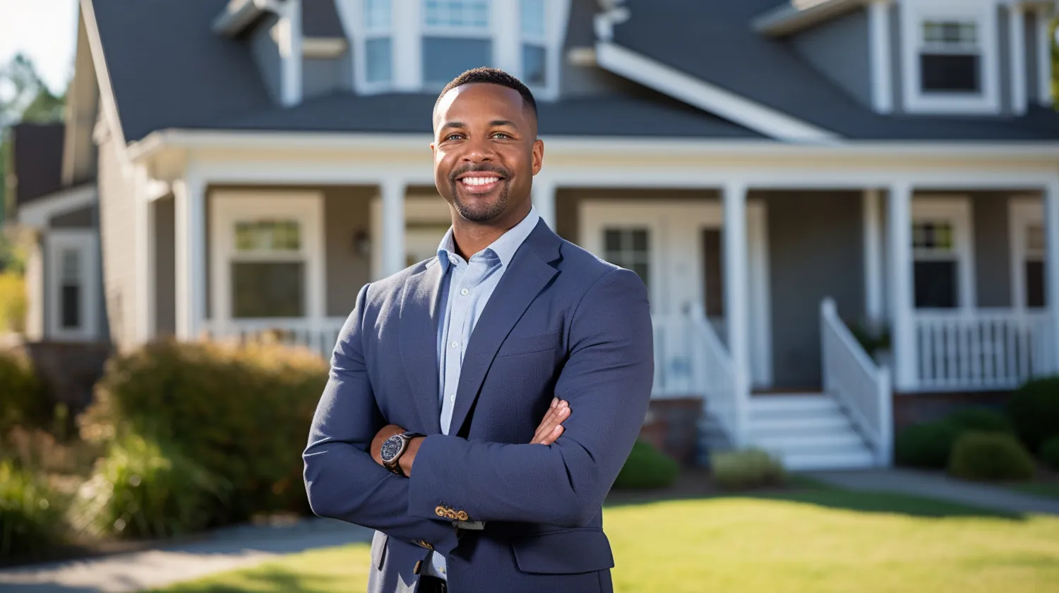 Property advisor with arms folded outside a completed home with a front porch
