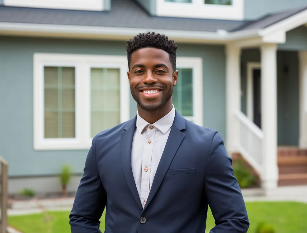 Property advisor in a navy suit standing in front of a family home