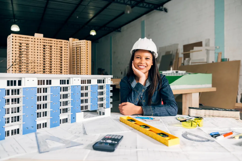 Design professional in a hard hat beside scale models of residential towers and drawings