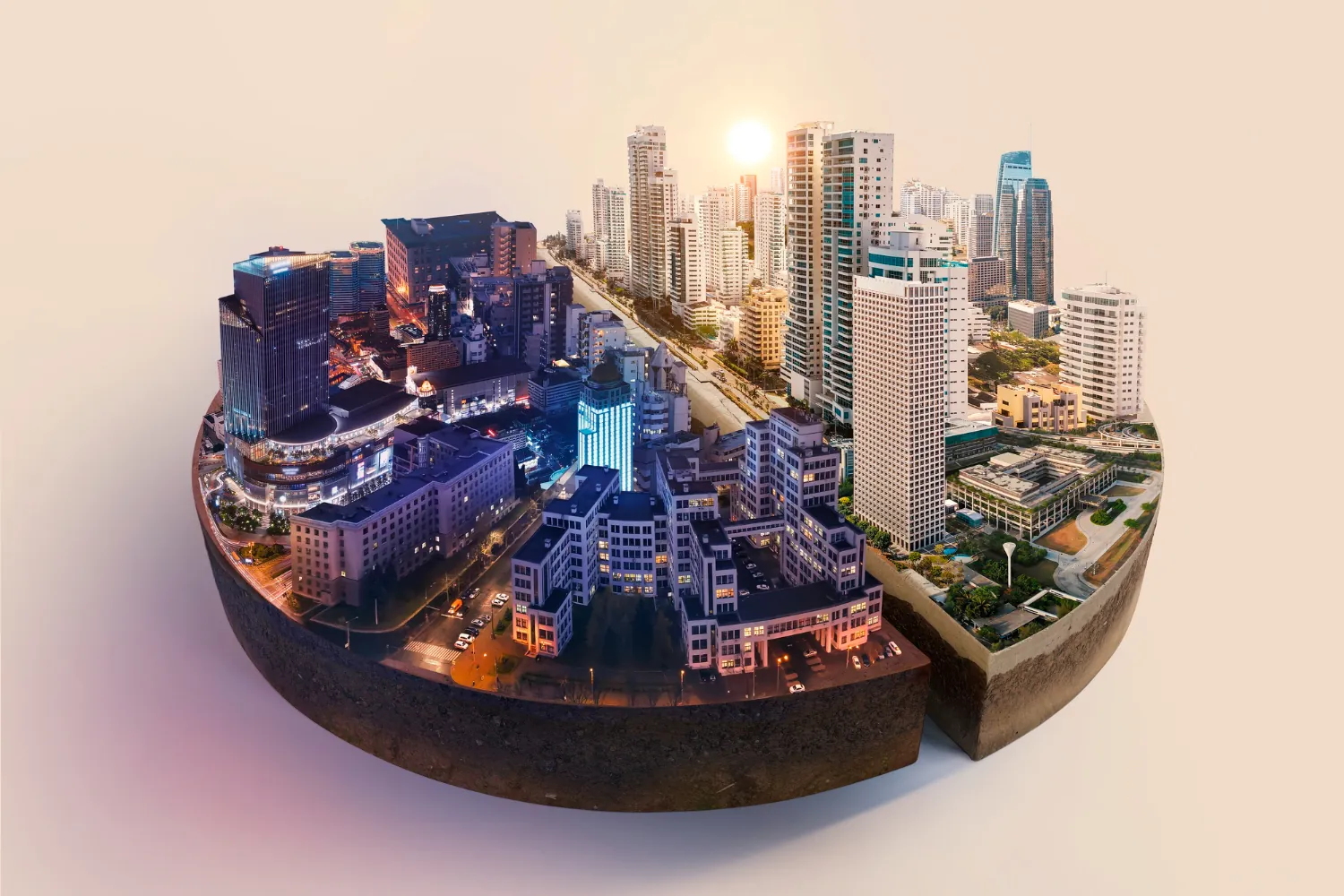 Stylised slice of a city district showing towers, streets and green space