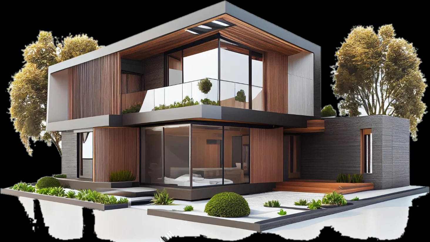 Two-storey modern home with timber cladding, glazed balconies and landscaped planting